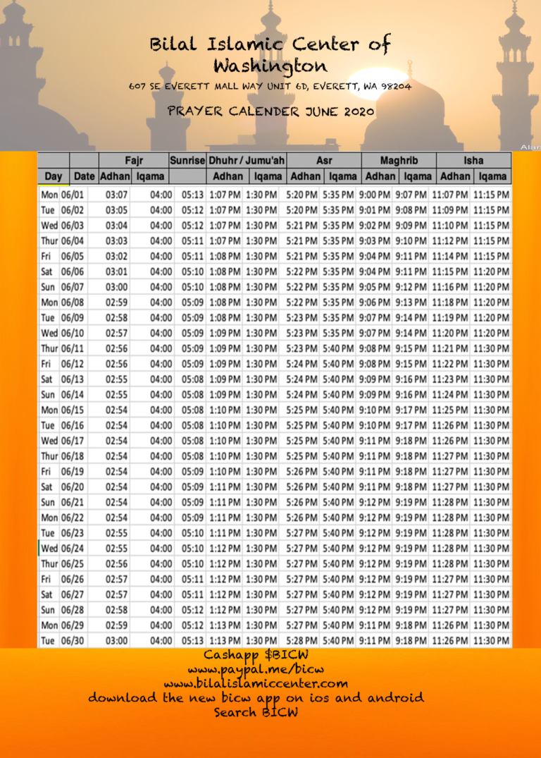 Monthly Prayer Schedule Bilal Islamic Center